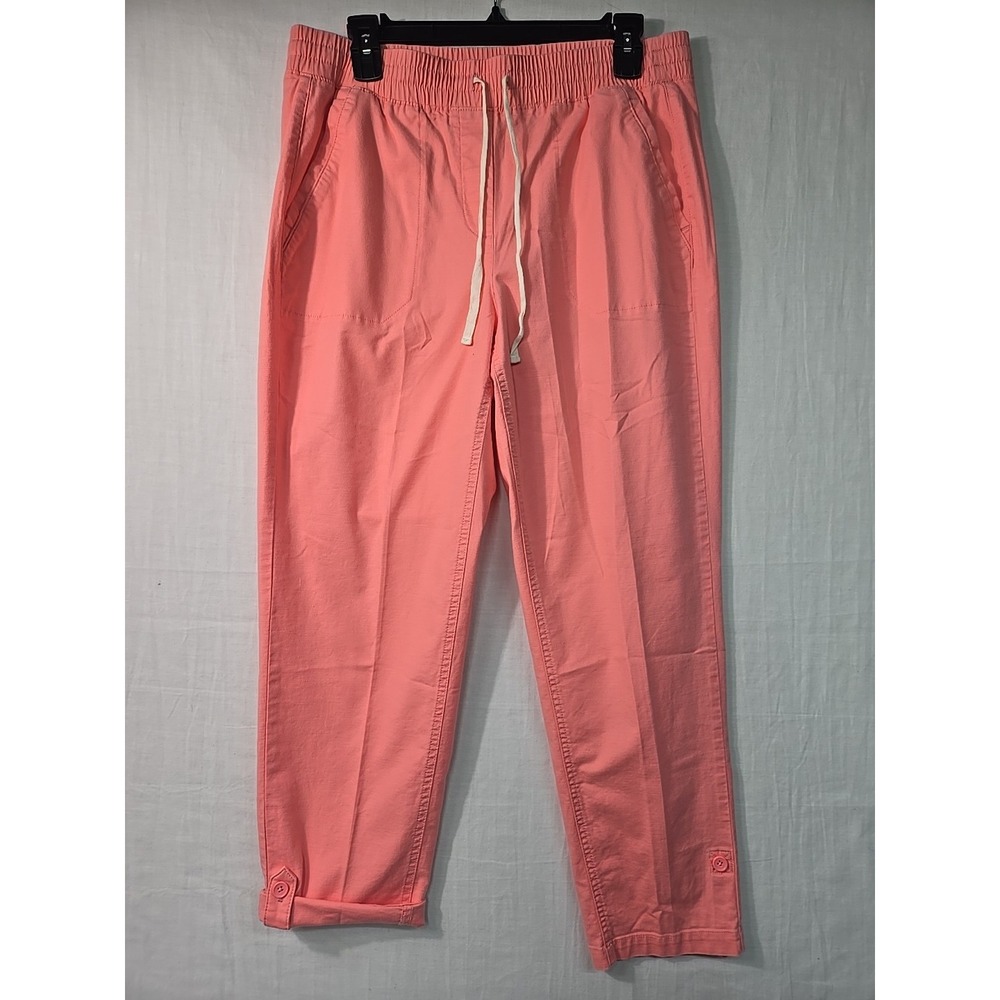 Talbots Women's M Pull On Pants Roll Tab Cuff Cropped Ankle Pink Elastic Waist